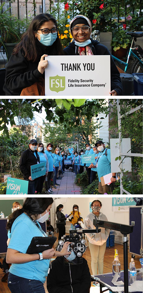 Photo collage of patients and volunteers at OneSight's 2020 vision clinic in the South Bronx, New York.